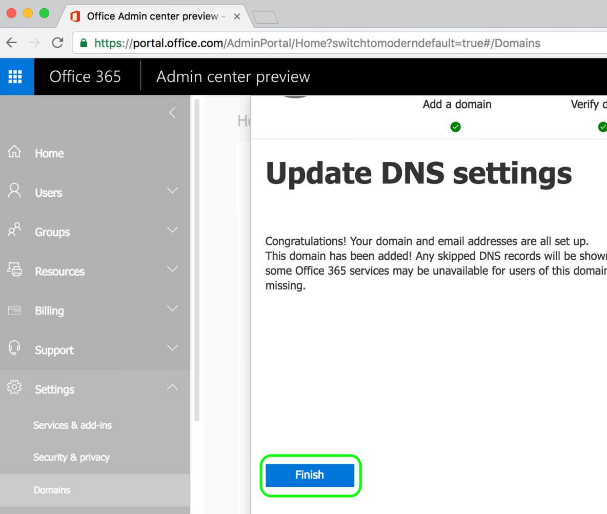 7.3 Verify the new Domain DNS Settings in Office 365 and Finish